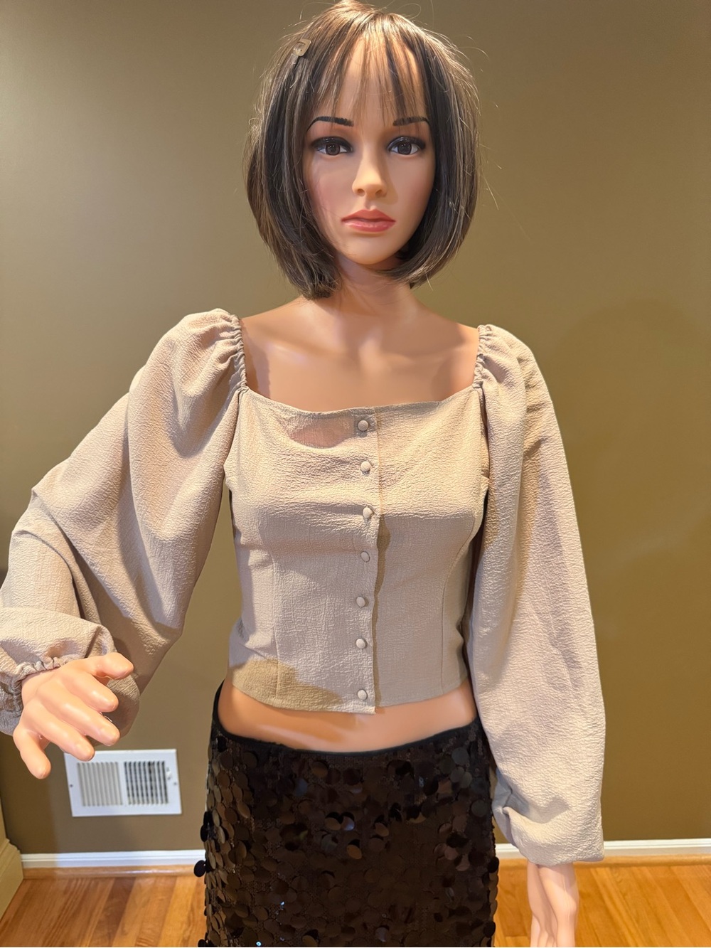 SHEIN Light Taupe Puff-Sleeve Square Neck Crop Blouse